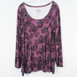 Torrid Skull Roses Purple Super Soft Scoop Neck Fit Flare Long Sleeve Top Size 2